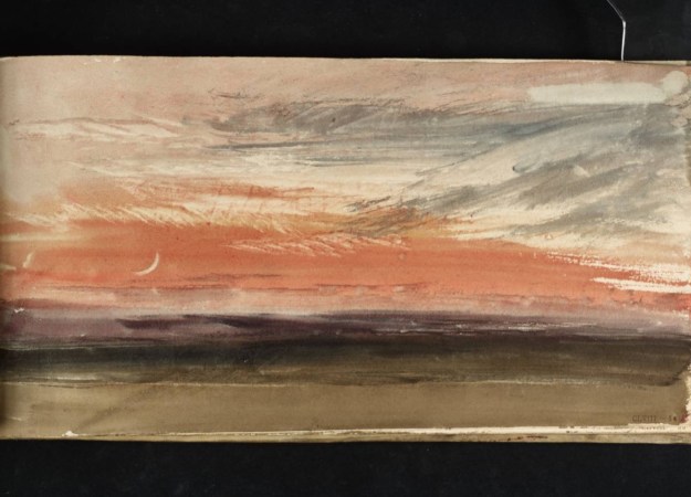 a watercolor painting of a red sky with a small crescent moon waning in the left corner