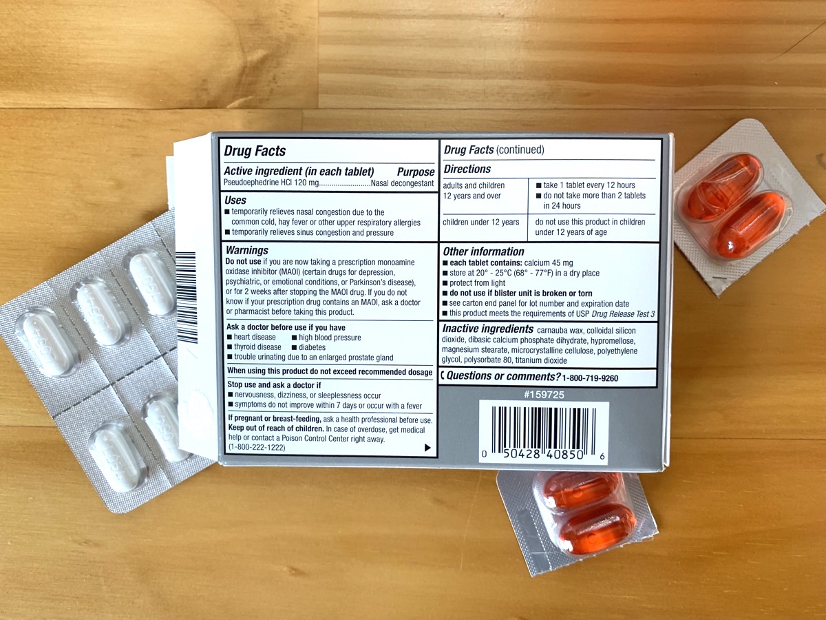 the backside of a carton of medication, listing the directions, side effects, and inactive ingredients. the box is surrounded by different colored pills