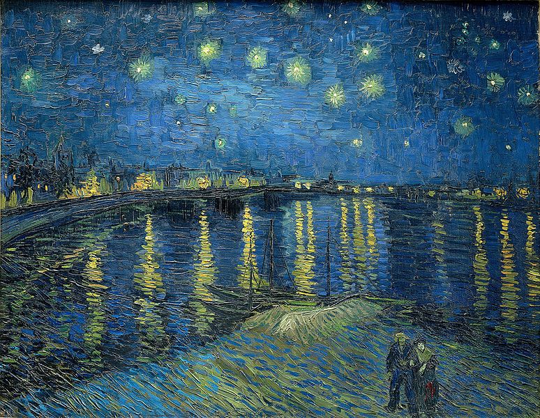 textured painting with multiple shades of blue depicting river scene under stars with two figures walking