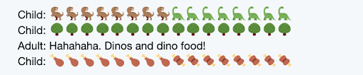 screen cap of texting exchange between child and adult about dinosaurs and dinosaur food