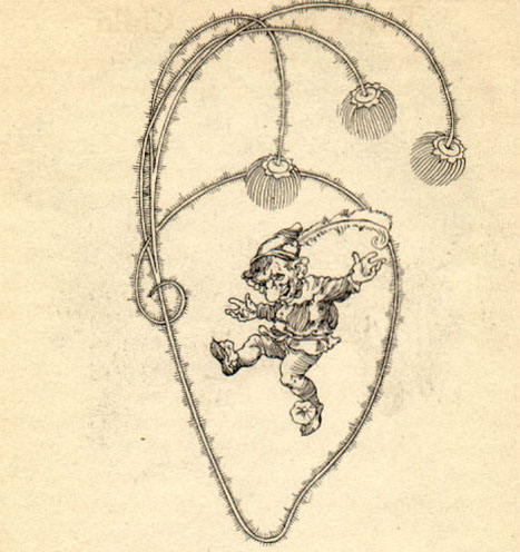 drawing of a mischievous-looking elf with hat and dancing