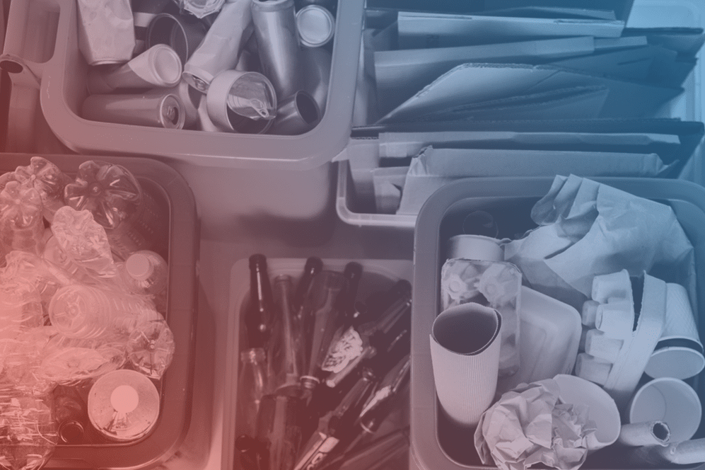 various bins filled with glass bottles, plastic bottles, cardboard, and egg cartons. it's filtered in red and blue