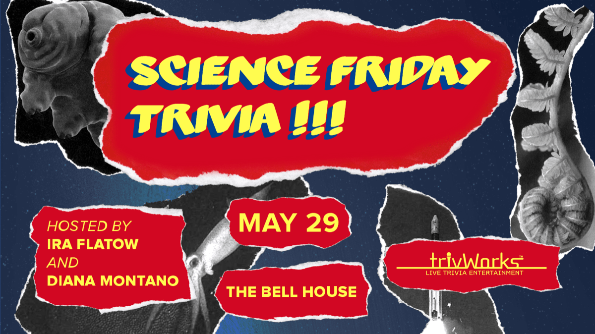 collage style poster that says 'science friday trivia, may 29' with with rockets, leaves, and tardigrades in the background