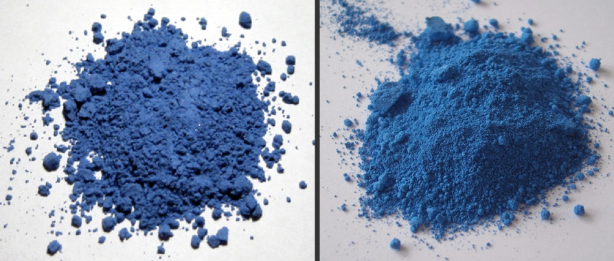 two different shades of blue side by side in powdered form. ultramarine is a slightly deeper blue