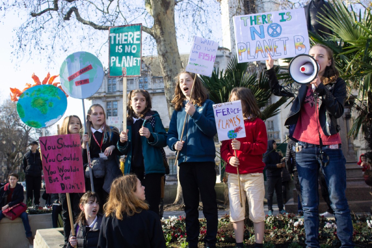 a group of children protesting with signs, some read "there is no PLANet B" and "stop these ferocious flames" with a planet on fire