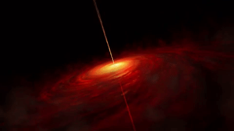 an animation of an artist impression of a swirling black hole that is an orange red color. there are two jets streaming vertically from the center of the black hole, which is the brightest point in the figure