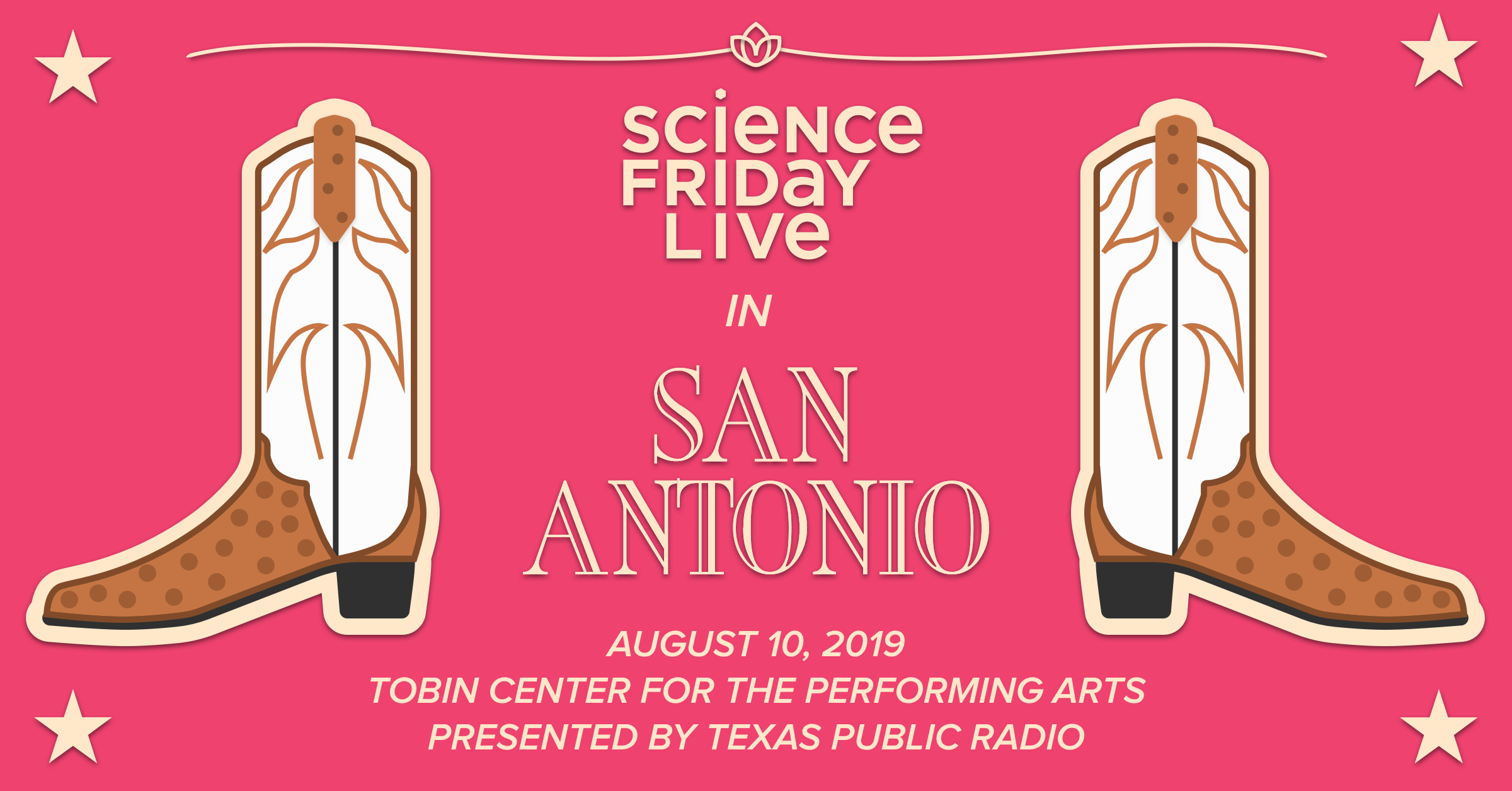 two graphic boots with text in between that says 'science friday live in san antonio'