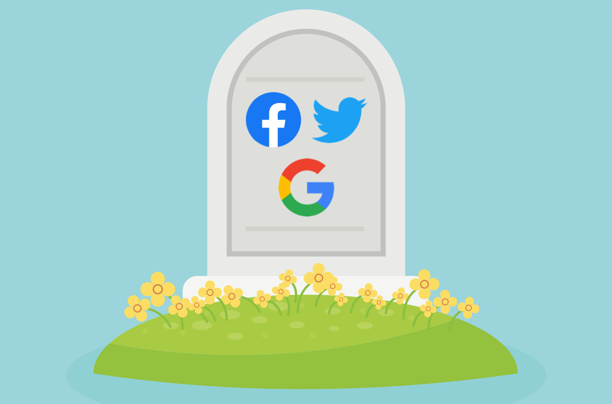 a gravestone with the facebook, twitter, and google logos on it