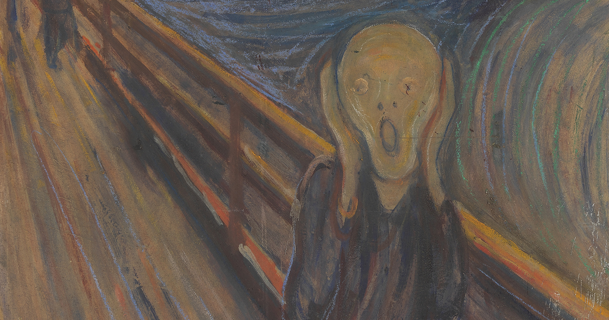 painting of man screaming against wooden railing 