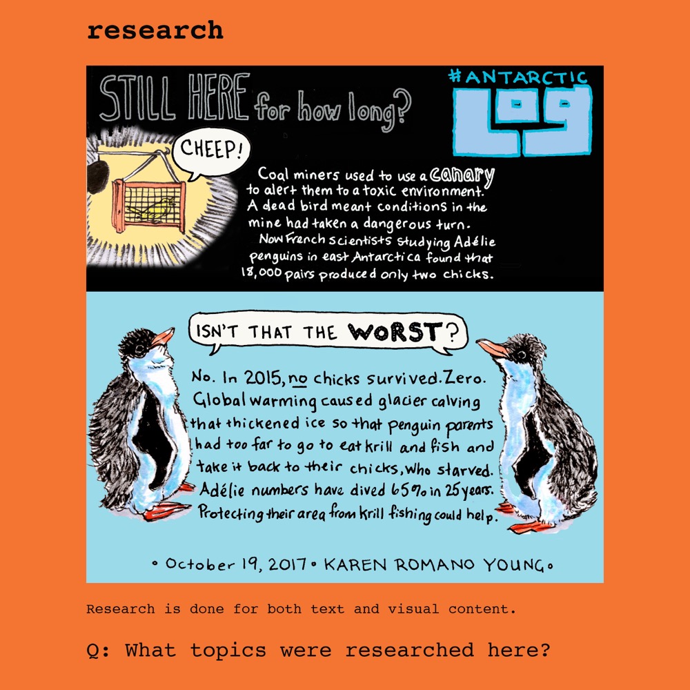 Comic of two penguins saying "isn't that the worst?" in response to information about Adelie penguin decline. © Karen Romano Young