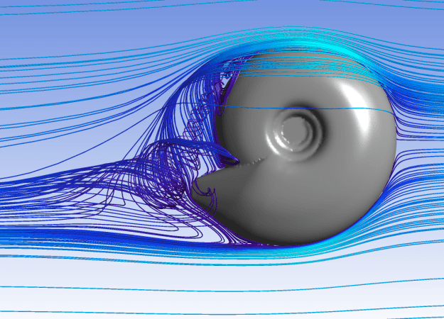 a gray 3D modeled circular coiled shell is surrounded by many different thing blue lines of varied shades.