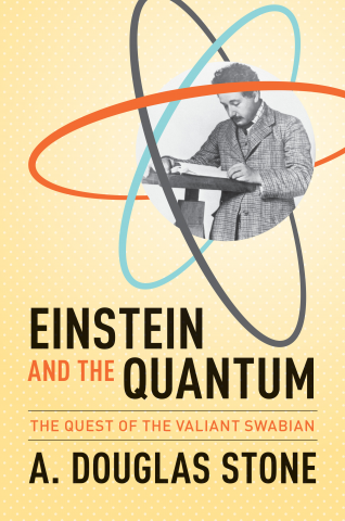 yellow book cover with einstein next to an atom reading a book