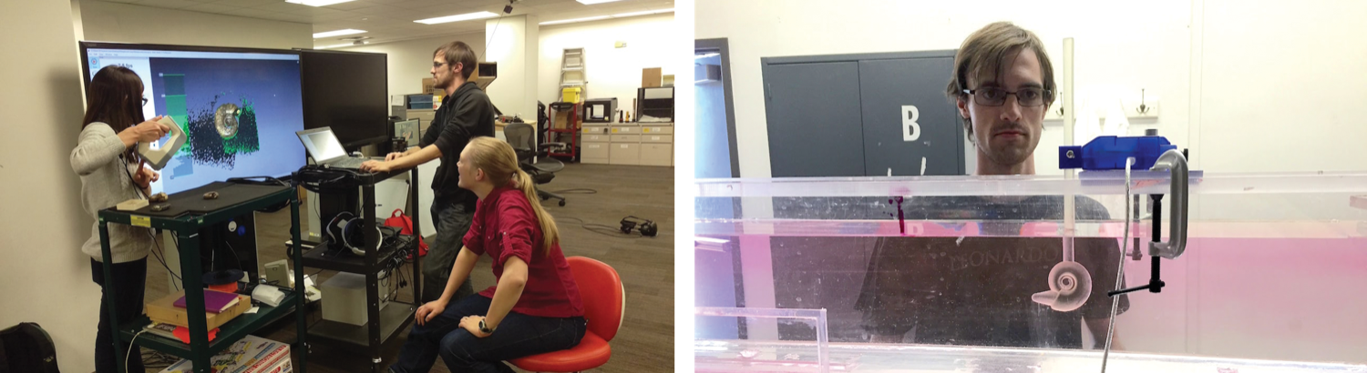 side by side images. on the left a woman with glasses operates a laser scanner while another woman sits in a chair and observes an image of a shell forming on a large television screen. on the right is a man at a computer also monitoring the 3D being scanned. on the right, a younger scientist with glasses looks at a large long clear tank of water. sticking up from the top of the seal box is a pole. at the end of the pole in the water is a swirled model of a shell.