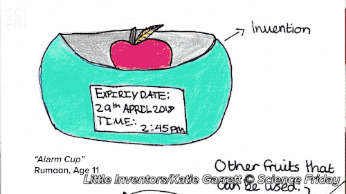 moving gif of drawing of bowl with fruit in it, then a woman placing a piece of fruit in the bowl to determine whether it's gone bad