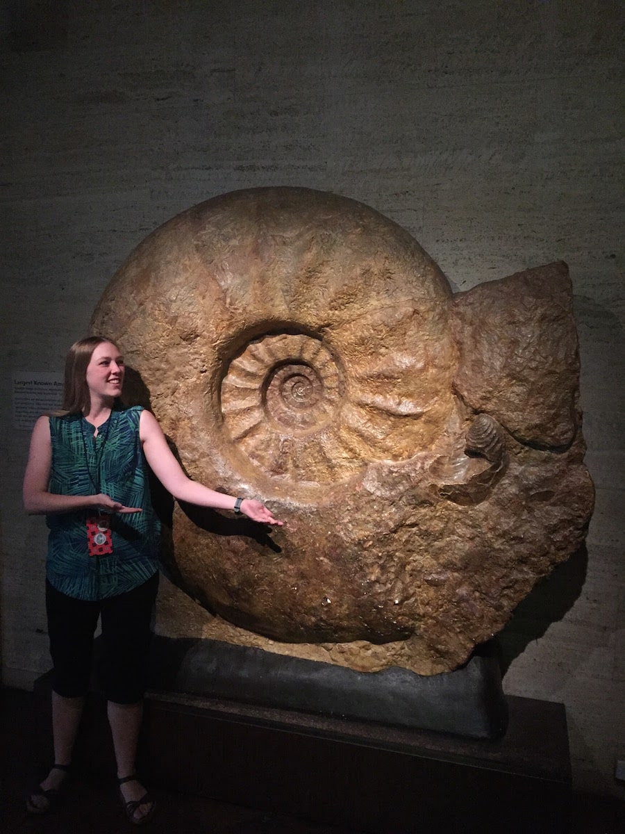 a woman with her arms out gesturing stands next to a very large swirled shell. it's taller than her