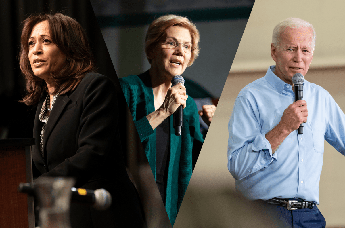 kamala harris, elizabeth warren, and joe biden all giving speeches collaged together