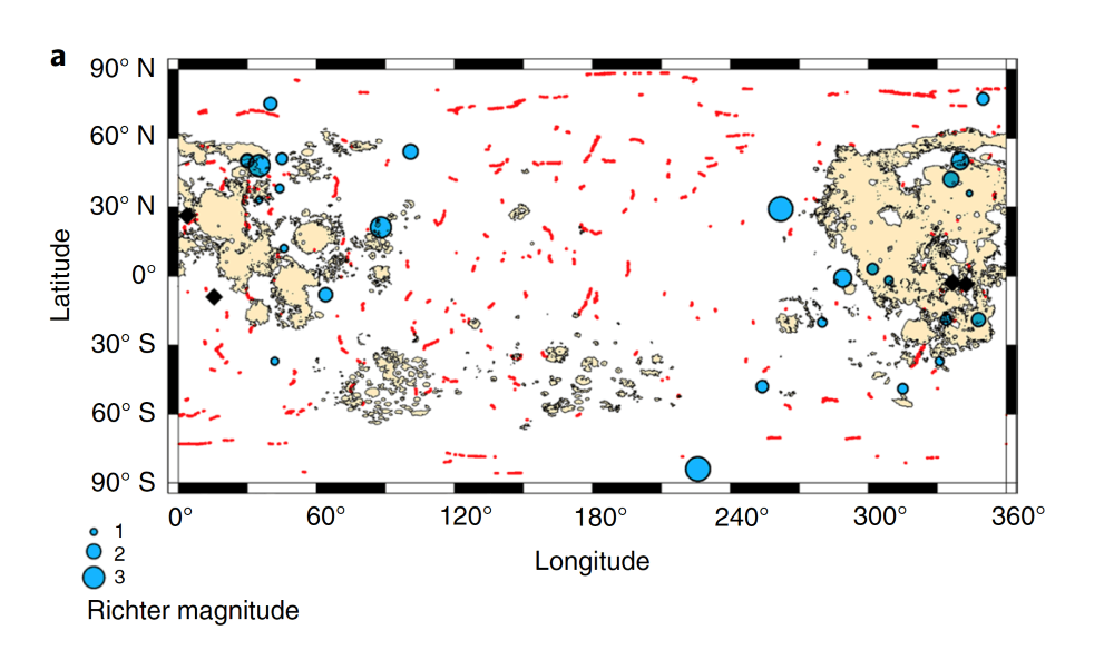 a figure that shows the latitudes from 90 degrees north down to 90 degrees south on the y axis. longitudes from 0 degrees to 360 degrees on the x axis. it shows the richter magnitudes in blue dots of various sizes, the larger the dot on the figure shows where different seismic activity took place on the moon