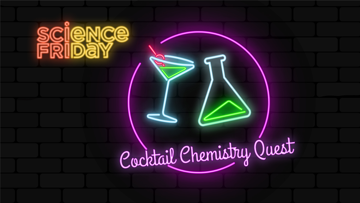 the science friday logo as neon lights, alongside the cocktail chemistry quest logo