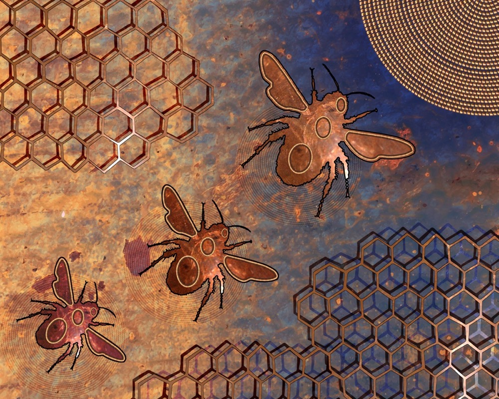 a golden, blue artwork with three outlines of gold bees flying towards a golden circle. in the corners are honeycombs