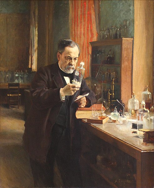 a painting of a middle-aged louis pasteur in his lab holding up a glass vile during an experiement