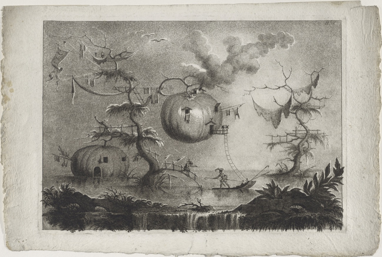 an illustrated image of a swampy landscape with spindly long trees with giant pumpkins hanging on them. the pumpkins have doors and windows carved into them, with creatures in and out of them on the landscape