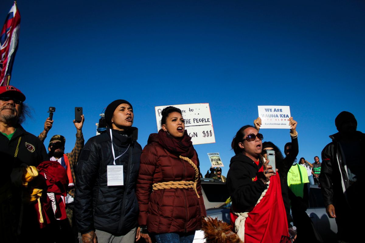 protectors/protesters hold signs