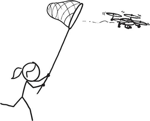 a black and white hand drawn comic of a stick figure person with a ponytail holding a net. the person is chasing after a flying drone
