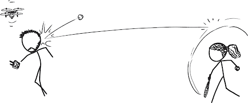 a comic of a stick figure of serena williams serving a tennis ball that has hit a stick figure of alexis on the left. a drone buzzes in the right corner