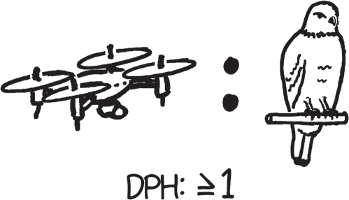 a comic drawn drone on the left with a ratio sign in the middle and on the right an illustration of a bird. under is written "DPH: greater than or equal to 1