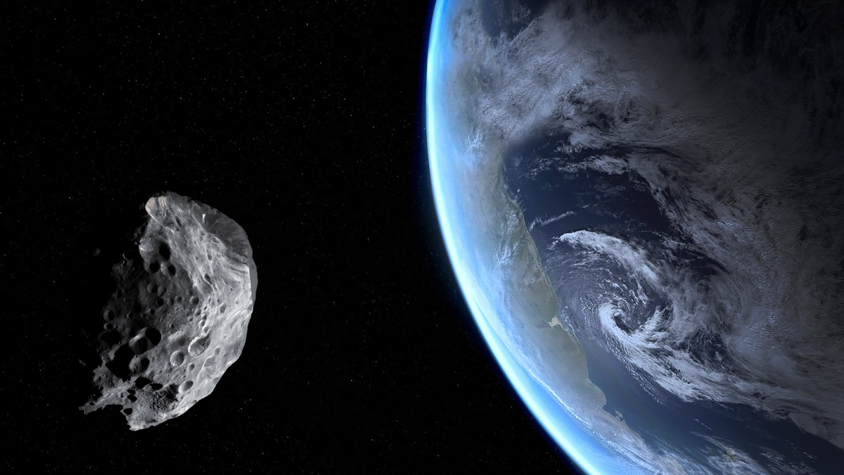 A rendering of an asteroid approaching Earth