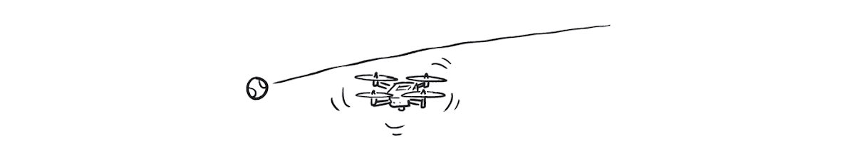 a comic of a flying drone with a tennis ball arcing over it