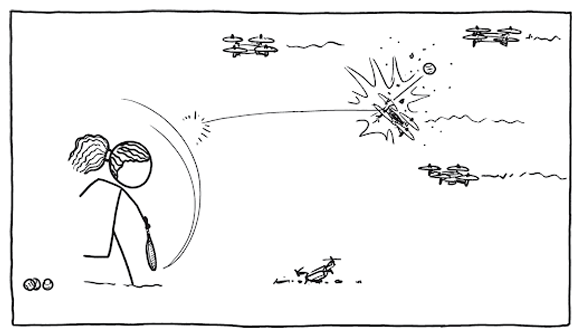 a stick figure of serena williams serves a tennis ball that launches and hits an incoming drone. there are three other drones in the air and one broken one on the ground.