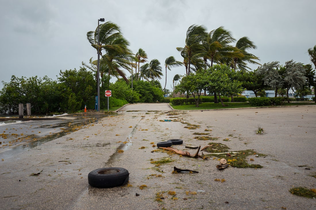 wide view of a sandy and deserted beach with a lone tire in the foreground and palm trees blowing in strong wind in the background against gray sky and impending hurricane