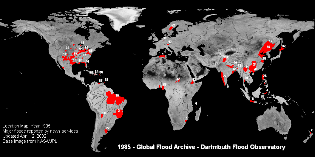 shifting global map indicating where flood events happened