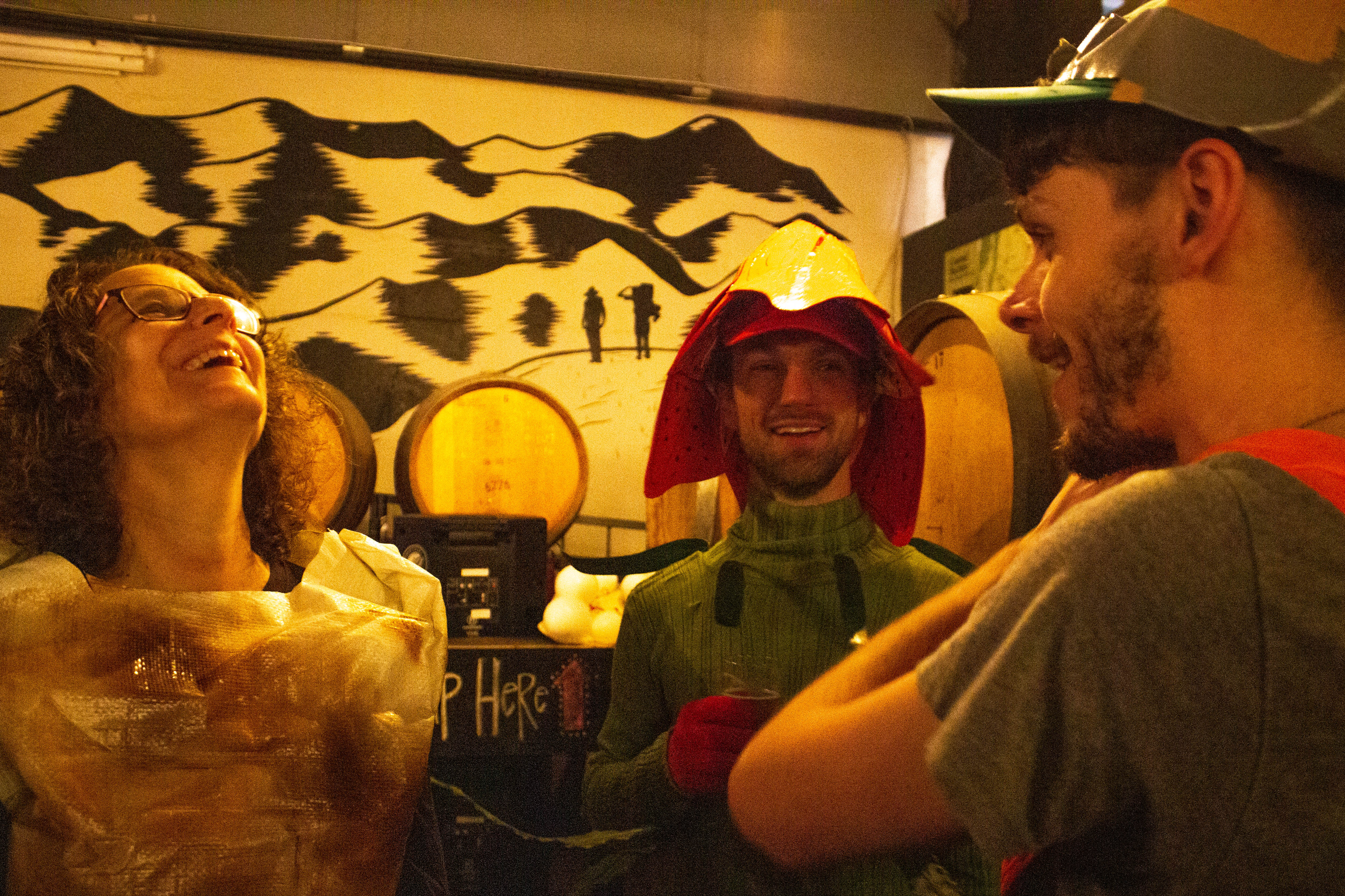 three people dressed in costume as a lichen, lily, and snail laugh at a bar