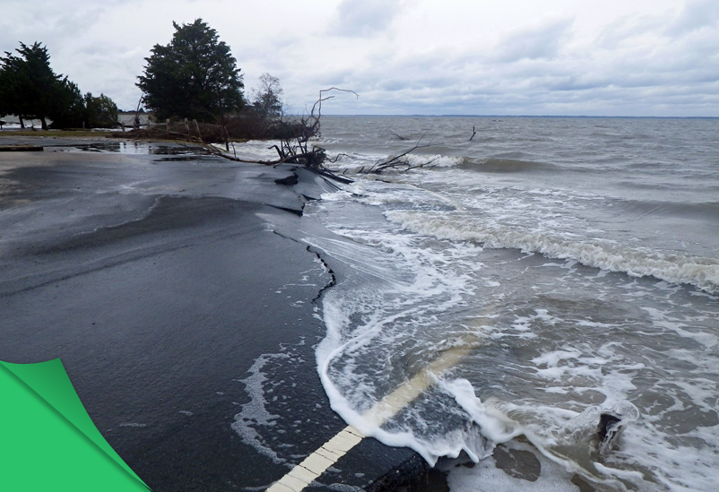 Road flooded as sea levels rise. on the lower left is a green peel illustration