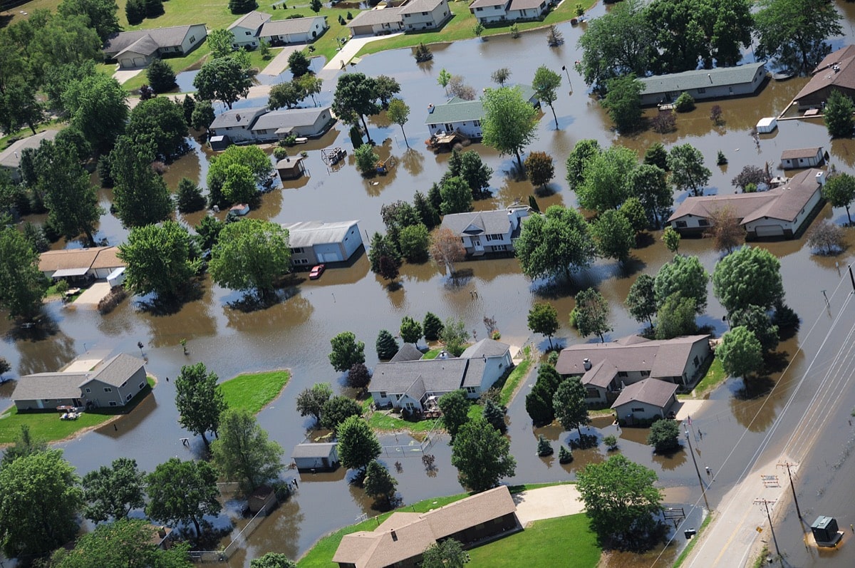 an arial photograph of a flooded neighborhood