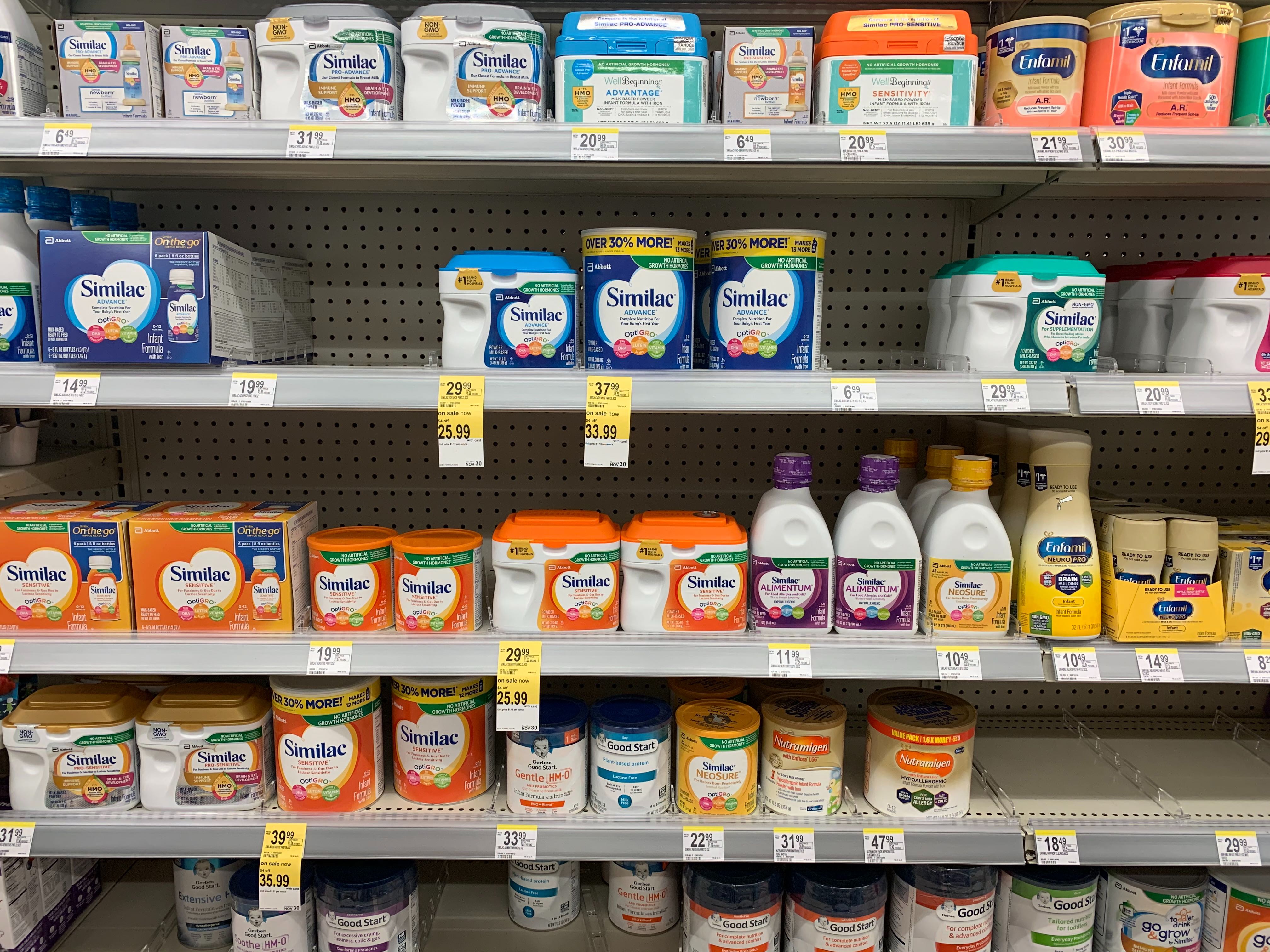 Shelves with baby formula. 