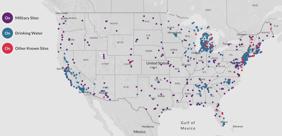 a map of the United States. there are various colored dots covering the map -- in purple indicating military sites, blue indicating drinking water, and pink indicating other known sites where PFAS has been detected