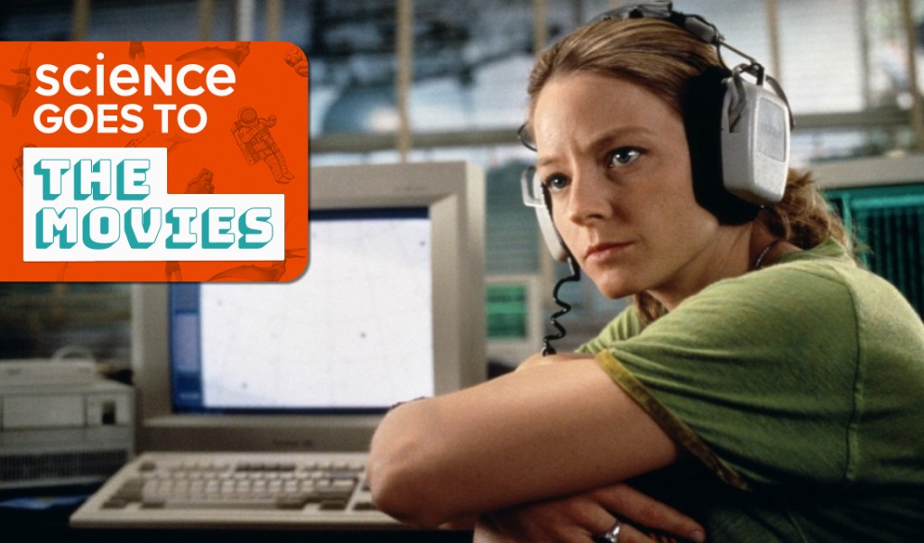 an image of jodie foster wearing large headphones in front of a computer monitor, in character as doctor eleanor arroway in contact, with a small orange box with the words "science goes to the movies"