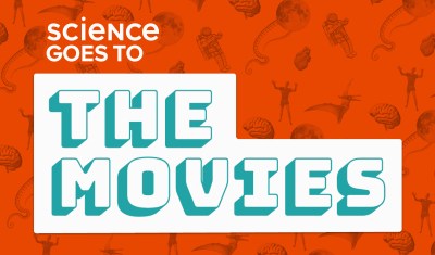 an orange background, with faded images with a science-fiction theme such as zombies and astronauts, and the words "science goes to the movies"