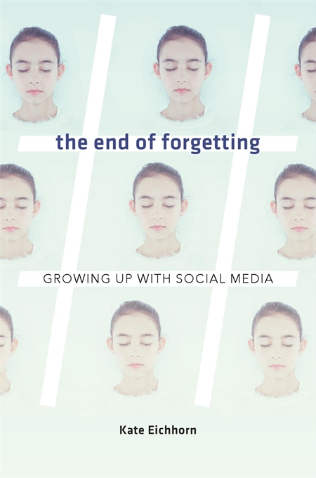 a book cover with repeating faces of the same person. the title reads "the end of forgetting"