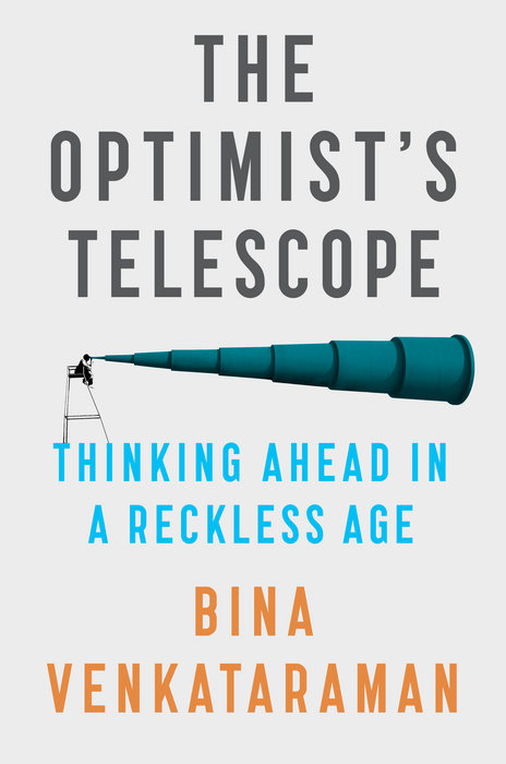 a book cover that reads "the optimist's telescope." there is a large telescope in blue with a small figure of a person looking into it