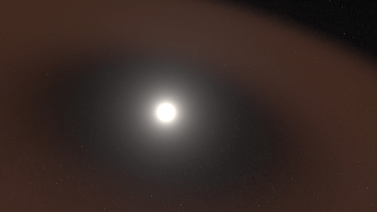 a rendering of the sun, visualizing a space immediately around the sun that is dust free