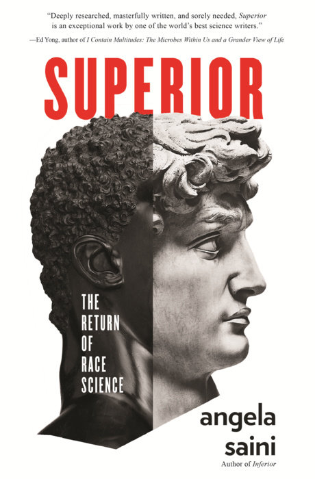 a book cover of a roman-style bust, half that is white, and the other half that is black. the title is "superior"