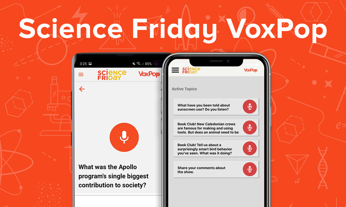 a photo that reads "science friday voxpop." two phones with a smart app on it.