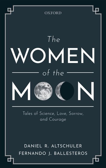 a dark gray book cover with the title "the women of the moon." the "o's" of the word "moon" are a full and waxing moon