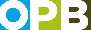 logo for oregon public broadcasting, featuring the letter O, P, B with backgrounds in blue, light green and dark green respectively