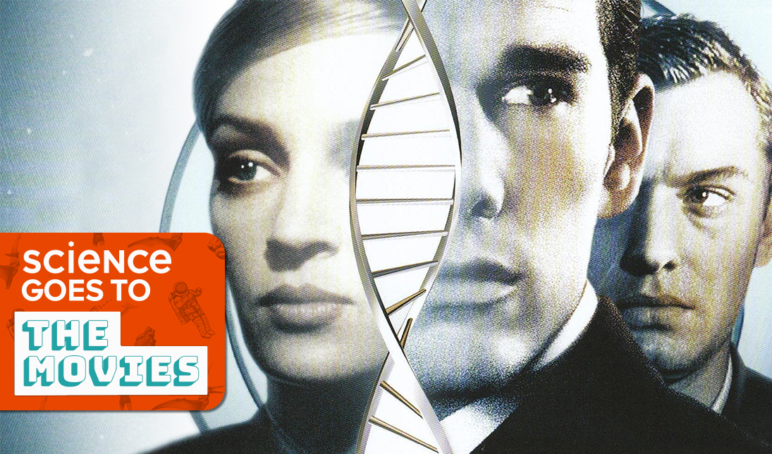 movie poster for 'gattaca' featuring ethan hawke, uma thurman and jude law, with a double helix structure slightly obscuring their faces, and a content block featuring the title 'science goes to the movies'