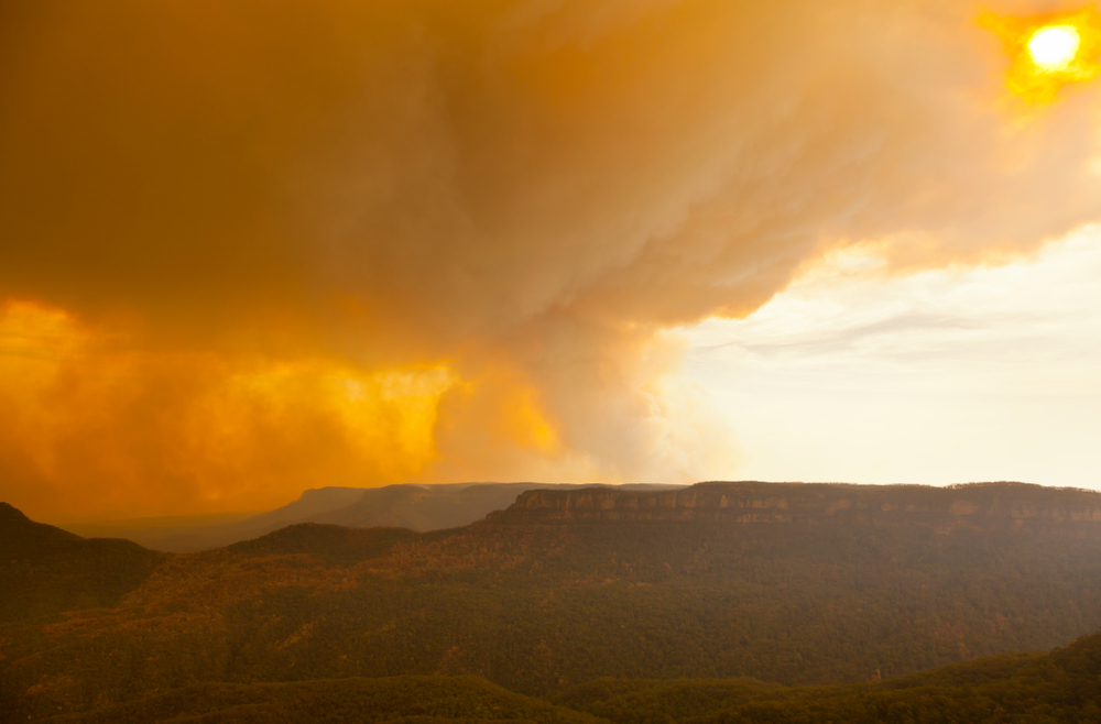 a massive fire in the rolling mountains with a massive smoke plume billowing out